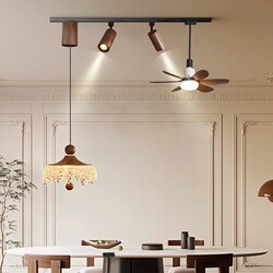 French Mid-Century Style Water Drop Track Dining Room Fan Chandelier Three-Head Long Plate Bar Retro Walnut Color Pendant Light