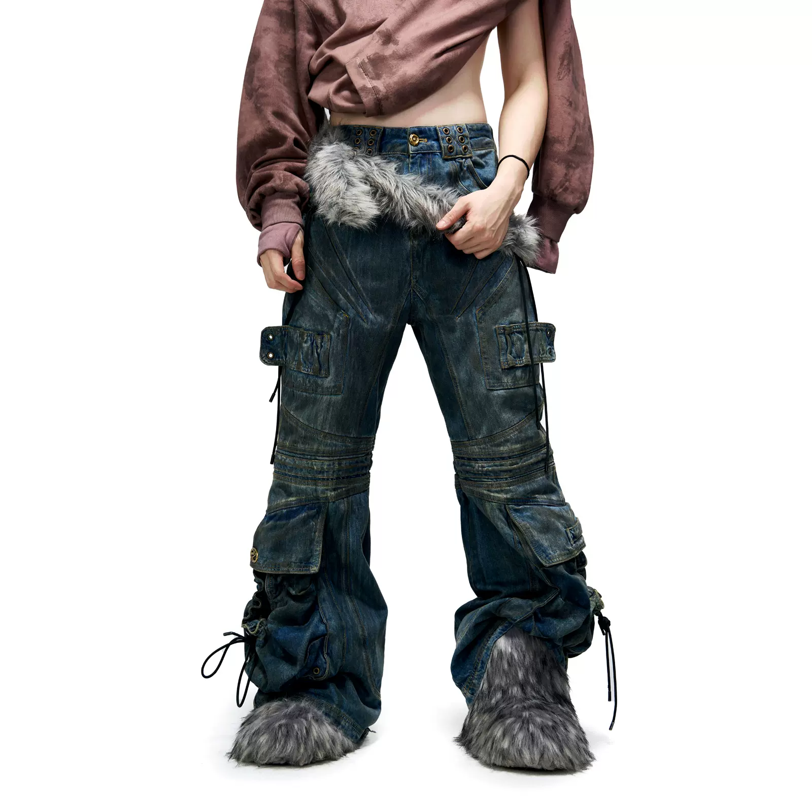 PERSONSOUL*24SS抽绳飘带污渍刷色微喇叭牛仔裤Drawstring Jeans-Taobao 