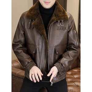 
Fur integrated fur collar leather jacket for men 2025 winter new style plus velvet thickened warm short retro leather jacket