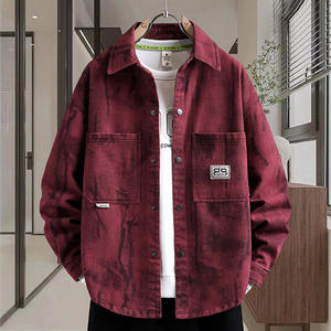 
Tie-dye red denim long-sleeved shirt jacket for men 100% cotton teen students 2026 autumn and winter velvet jacket