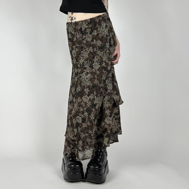 eilove Wasabi Medium-style mesh printed skirt for women with ruffle edge splicing low waist slim straight midi skirt