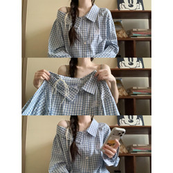 Japanese-Style Sweet Plaid Shirt for Women, Summer Long-Sleeve Loose Fit, Slimming Tie-Neck Polo Collar, Versatile College Style Top