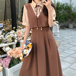Plus-Size Women's Summer College-Style Dress, Fake Two-Piece Set, Beautiful Dress, Slightly Chubby, Short-Sleeved, Long Dress for Teaching Interview