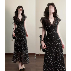 French-Style Very Pretty Black Polka Dot Dress for Women, Summer 2026 New Model, Particularly Beautiful, Waist-Cinching, Elegant Long Dress