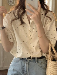 Chic and Beautiful Polka-Dot Short-Sleeved Shirt for Women, Summer Design, Niche Lapel Shirt, Gentle Versailles-Style Top