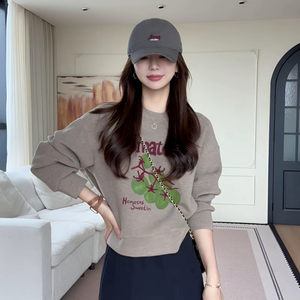 时尚字母印花番茄刺绣圆领卫衣女秋季宽松显瘦百搭休闲长袖上衣潮