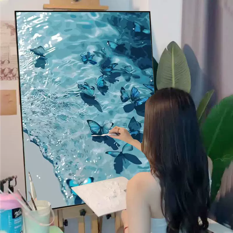 海边蝴蝶数字油画手工diy大幅花卉丙烯黄玫瑰填充涂色手绘油彩