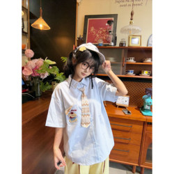 Fair Isle Tie Embroidery Bear Pocket Striped Short-Sleeve Shirt for Women 2026 Loose Bf College Style Shirt Top