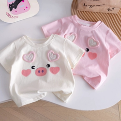 100% Pure Cotton Girls' Short-Sleeved T-Shirt, New Summer Style, Korean Style, Versatile, Three-Dimensional Heart-Shaped Piggy Top