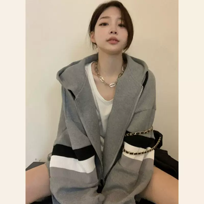 日本SLY2022秋冬新款加绒中长款拉链开衫外套女宽松卫衣条纹上衣-Taobao