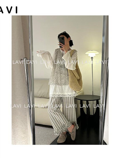 韩版松弛感套装女印花长袖上衣减龄穿搭一整套新款外搭网格马甲潮