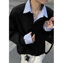 American-Style Fake Two-Piece Shirt Collar Sweatshirt for Men, Spring and Autumn Color-Blocking Long-Sleeve Polo Shirt, Cool and Handsome Youth Jacket