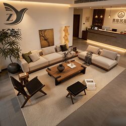 Wabi-Sabi Style Guesthouse Lobby Leisure Sofa Hotel Lobby Reception Solid Wood Sofa Model Room Living Room Sofa Set