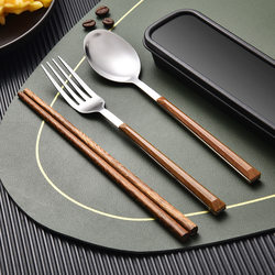 Korean Imported Chopsticks and Spoon Set, Stainless Steel Portable Cutlery, Student Storage Box, Fork, Wooden Chopsticks Three-Piece Set