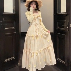 Stunning Long Dress with Small Flying Sleeves and 3D Floral Petals for Vacation, Women's Spring/Summer 2026 New Knit Outerwear Set