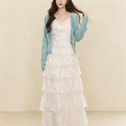 Gorgeous Early Spring Beautiful Lace Cake-Style Spaghetti Strap Dress for Women 2026 New Mint Green Sweater Cardigan Set