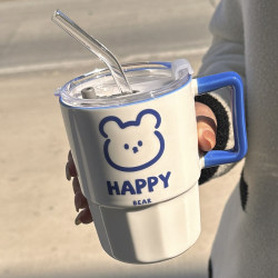 Klein Blue Straw Mug with Lid, Ceramic Water Cup, ins High-Value Coffee Cup, Milk Cup, Juice Cup