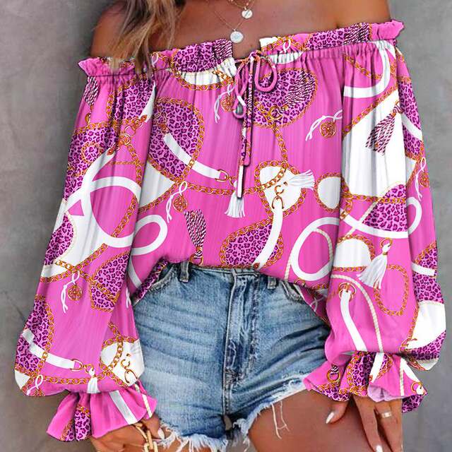 European and American vacation -style top spring and summer women's sexy shoulder -shaped collar shirts lace -up printed long -sleeved shirt
