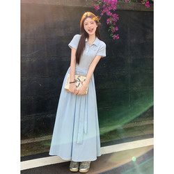 Blue Polo Collar Short-Sleeved Dress for Women, Summer 2026 New Style, Sweet and Beautiful, Preppy Style, Waist-Cinching Long Dress