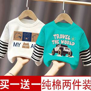 
100% cotton boys' long-sleeved T-shirt 2026 spring and autumn new style children's baby patchwork top fake two-piece bottoming shirt