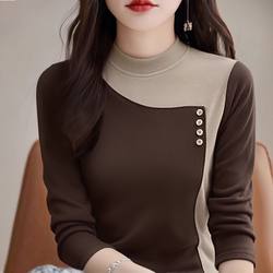 New Stylish Color-Blocked Warm Long-Sleeve Slim-Fit T-Shirt for Women, Fashionable and Versatile Base Layer for Autumn and Winter, Suitable for Mothers
