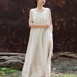 Summer Cotton and Linen Skirt for Women, Artistic Retro Sleeveless Dress, Loose Casual Lace-Up Waist-Cinching Pure Cotton Tank Dress