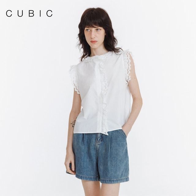 CUBIC cotton lace lace small flying sleeves simple and versatile sleeveless shirt loose casual top
