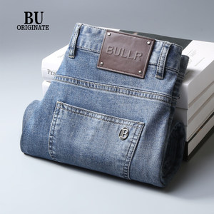 
BU Summer Thin Light Blue Jeans Men's Straight Elastic Business Slim Versatile Light Luxurious Casual Pants Men