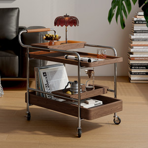
Solid wood sofa side table movable trolley living room storage rack with wheels walnut color small coffee table