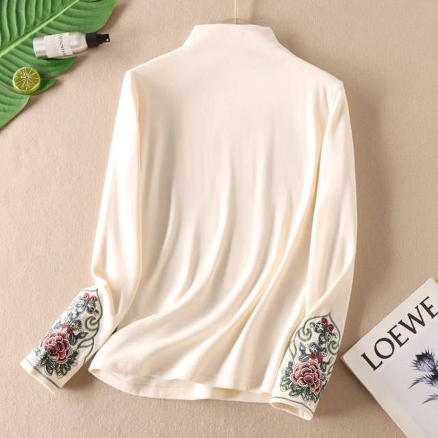 Half turtleneck double-sided German velvet bottoming shirt for women in autumn and winter new style Chinese style embroidery thickened warm top mother's wear