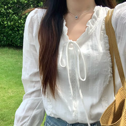 French-Style Lace-Up White Shirt for Women, Spring Loose Design, Niche Style, Age-Reducing, Versatile for Commuting