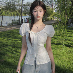 Sanwild Summer Korean Style Sweet French Slim Fit Tie Versatile Slimming Puff Sleeve Shirt Short Sleeve Top for Women