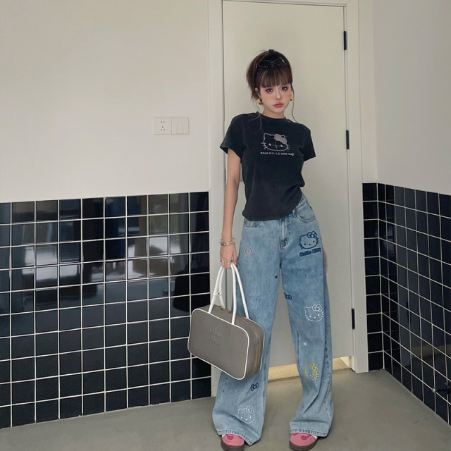 Skipsmile2025 new cartoon hello Kitty pattern printed short gray casual short-sleeved T-shirt
