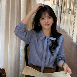 Blue Striped Tie Bow Shirt for Women, Spring and Autumn, Petite Design, Loose Casual Long-Sleeved Top