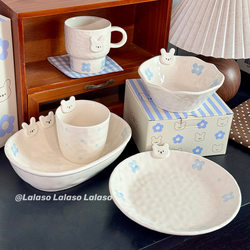 Blue Rabbit and Bear Ceramic Bowl Set for Home Use, High Aesthetic Value Rice Bowl, Dessert Bowl, Tableware Set, Mug, Breakfast Bowl