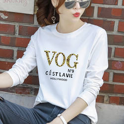 100% Pure Cotton White Long-Sleeve T-Shirt Top for Women, New Spring and Autumn Korean Style, Loose Fit, Slimming, Inner Wear, Plus Size, Round Neck