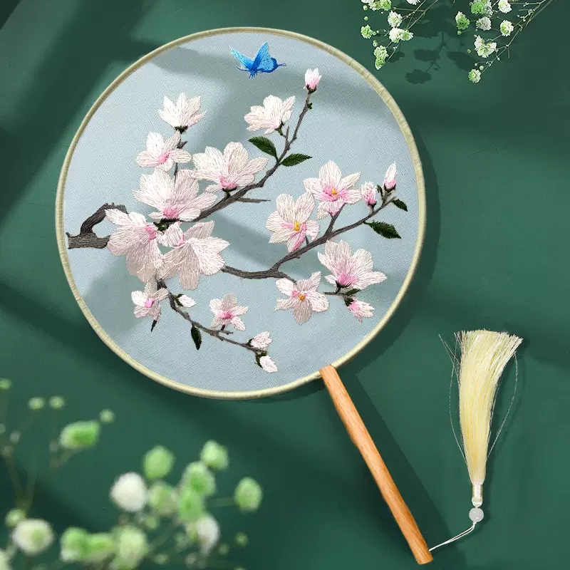 手持ちファン ヴィンテージ刺繍扇子タッセル扇子竹製ハンドル