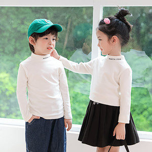 
Half turtleneck children's white bottoming shirt for boys and girls, pure cotton inner layer, baby long-sleeved T-shirt, spring, autumn and winter tops