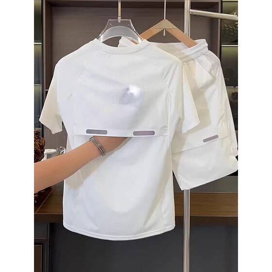 
2025 new summer high-end breathable trendy mesh short-sleeved T-shirt for men, versatile sports five-point quick-drying shorts