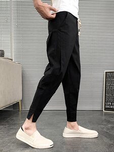 Fashionable Korean style slim casual pants for men's spring and autumn trendy versatile harem pants handsome slit nine-point pants