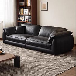 Big Black Cowhide Sofa, Genuine Leather Vintage Sofa for Living Room and Office, High-End Black Sofa for Small Spaces, First Layer Cowhide