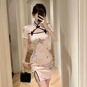 Phong cách dân tộc cổ điển phong cách Trung Quốc mới cải tiến sườn xám trẻ trung hot girl gợi cảm rỗng hông thon gọn váy mùa hè sườn xám body sườn xám cổ