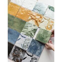 Medieval Style Glossy Handmade Tiles for Kitchen and Bathroom Walls, Green Plant Pattern Tiles, Commercial Shop Dessert Restaurant Tiles