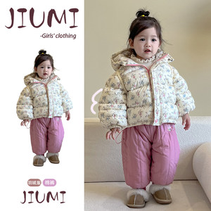 
2026 New Girls Winter Korean Down Jacket Baby Girl White Duck Down Printed Jacket Thickened Cotton Pants Suit