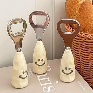 
Cute smiling beer bottle opener ceramic handle wine bottle starter creative stainless steel lid opener