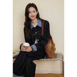Original Space Grass Space Blue Plaid Patchwork Denim Suit for Women, Spring and Autumn Vintage Casual Jacket Trendy