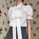 TE shushu French bow sweet polka dot satin shirt versatile slim temperament puff sleeve top for women