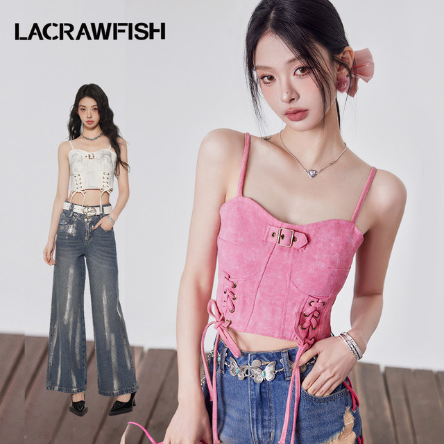 LA CRAWFISH Sweetheart Barbie Silver Paint Painted Batik Drawstring Fish Bone Bracelet Sling Vest Top