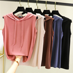 Modal Hooded Vest for Women, Summer Thin Style, Sleeveless T-Shirt, Loose Base Layer, Plus Size, Solid Color Inner Top