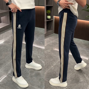
Autumn and winter new style spliced ​​striped fashion casual pants for men, plus velvet, high-end simple elastic trendy straight pants for small feet